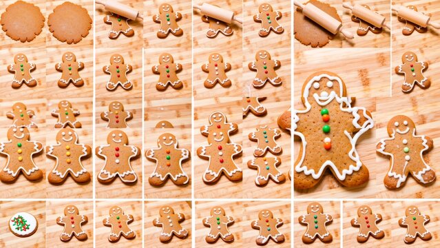 collage multiple photos showing process making gingerbread cookies photos arranged grid like pattern wooden surface first photo top single gingerbread cookie rolling pin next second photo cookie