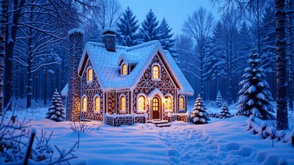 small gingerbread house middle snowy forest house covered thick layer snow has chimney side roof also covered snow several windows doors front house windows lit warm orange yellow lights creating
