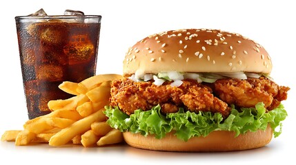 Crispy chicken burger with fresh lettuce, a side of golden fries, and a refreshing cola drink isolated on white background for a satisfying meal
