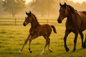 Obraz premium Brown foal running in a green field at sunrise with its mother, creating a heartwarming rural scene
