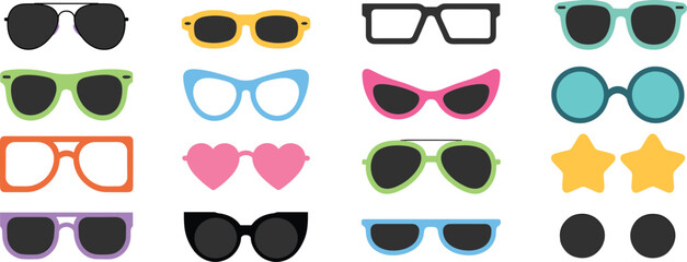 Colorful sunglasses vector illustration set with different stylish eyewear frames, fashion accessories, retro glasses, modern design for summer, holiday, beach