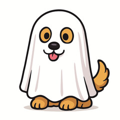 Fototapeta premium Vector art of cute cartoon dog dressed as a ghost, sitting and smiling with its tongue out
