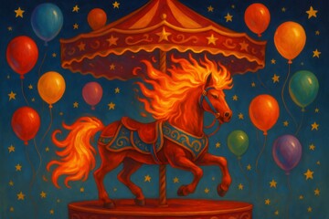 Surreal painting of a fiery horse galloping on a carousel at night, surrounded by colorful balloons and twinkling stars, creating a magical and dreamlike atmosphere