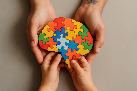 Hands of different ages connect colorful puzzle pieces forming a brain