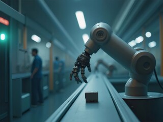 Obraz premium ロボットアームによる製造ラインでの立方体の精密な処理と労働者の立ち仕事の光景