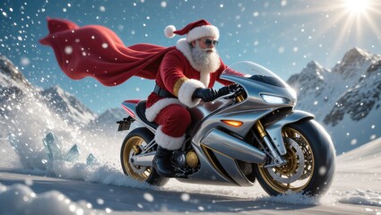 Santa Rides a Motorcycle Through Snowy Mountains While Wearing Sunglasses