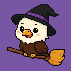 Vector art of cute cartoon eagle witch flying on a broomstick with a purple background, perfect for halloween