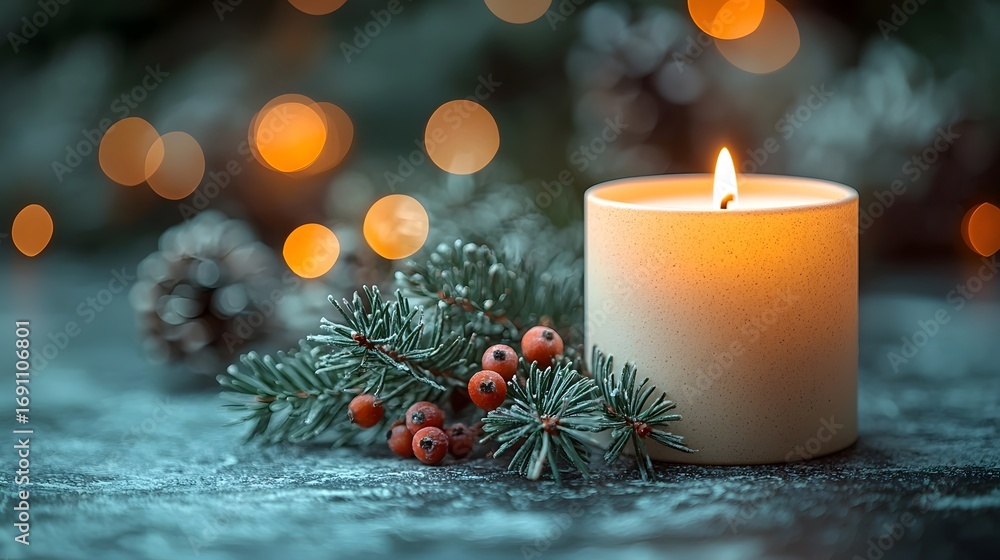 Poster a lit candle beside festive pine sprigs and red berries with soft bokeh lights in the background cre