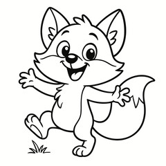 Happy cartoon fox smiling and dancing in a grassy field - Concept of coloring page concept  