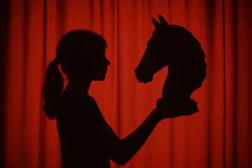 Silhouette of young girl holding horse chess piece in hand against red curtain background, creating a dramatic and mysterious atmosphere
