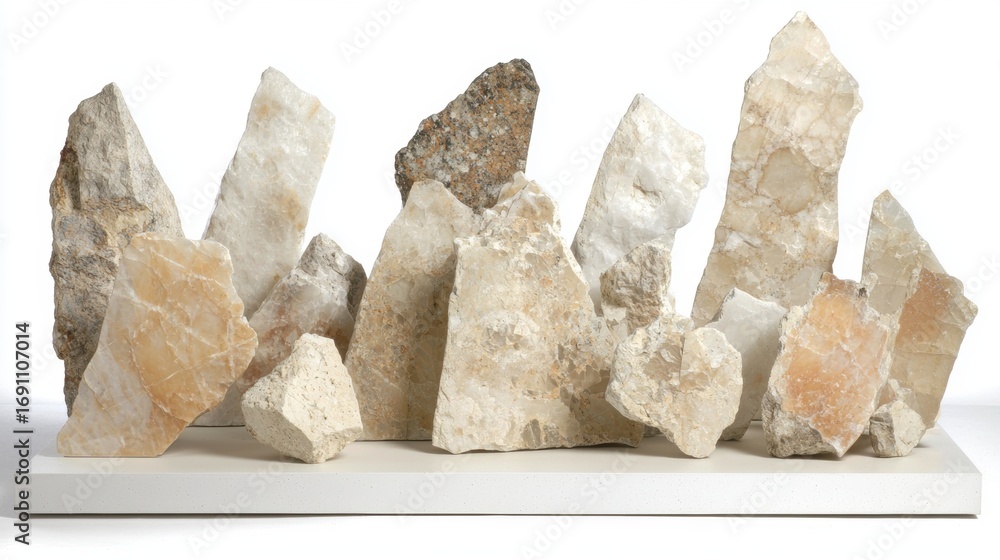 Poster a collection of rocks in various shapes and sizes, arranged on a white platform.