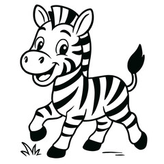 Fototapeta premium Cute zebra cartoon character smiling while trotting on grass - Concept of coloring page 