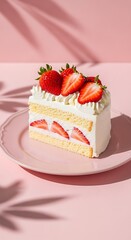 A slice of layered strawberry cake, elegantly presented on a pastel pink plate, bathed in soft sunlight.