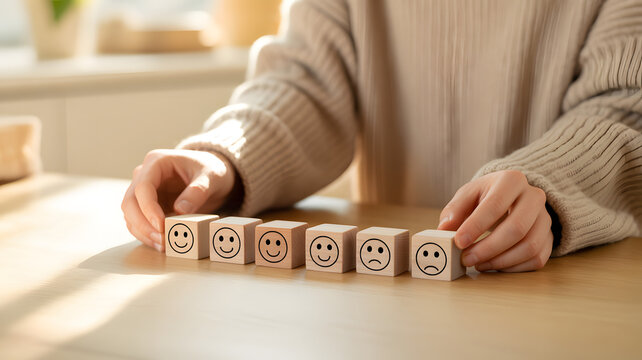 Mood selection: A person thoughtfully arranging blocks, each displaying a different emotion, inviting reflection on the spectrum of human feelings, and celebrating emotional awareness.