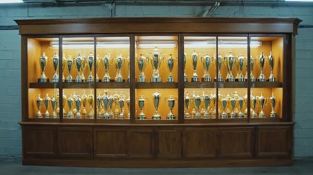 Trophy display case in a school hallway.