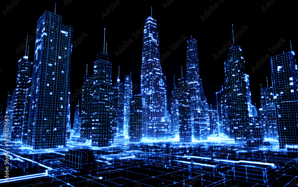 Poster digital wireframe cityscape with advanced technological elements