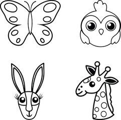 A set of 4 Animals Butterfly Rabbit Owl Giraffe line art vector illustration