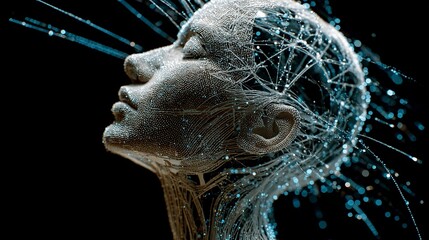 Captivating digital consciousness portrait, AI brain connections, futuristic human mind data flow