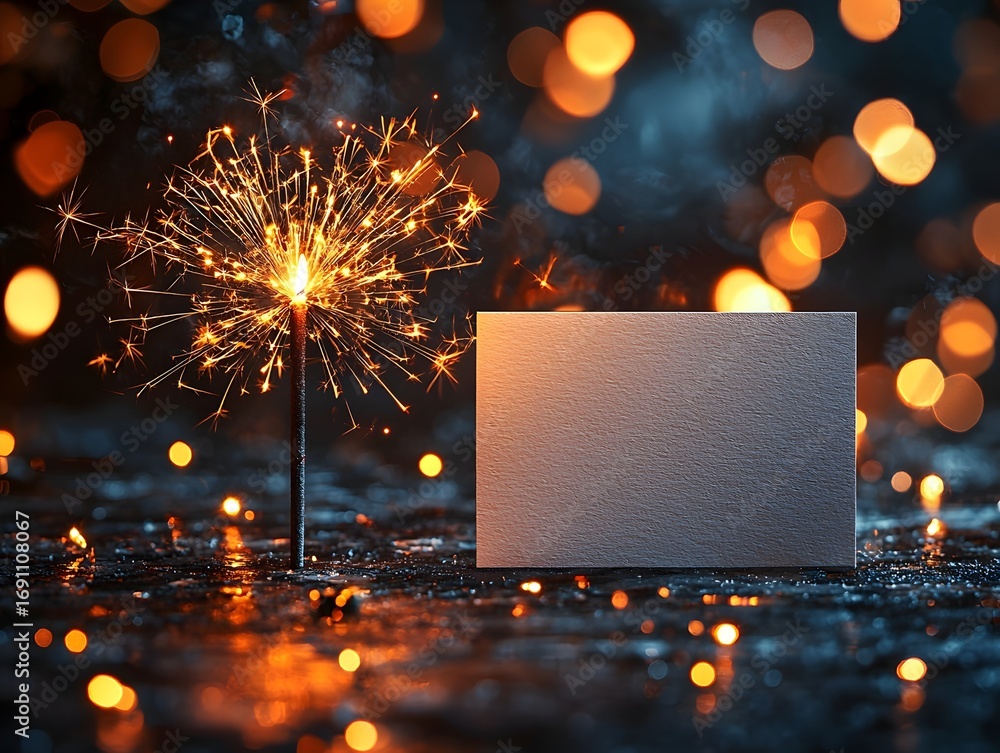 Poster a lit sparkler illuminates a blank card against a background of warm bokeh lights symbolizing festiv