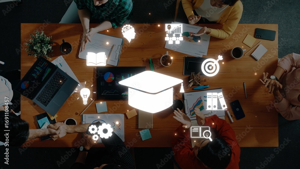 Aufkleber a vibrant workspace where individuals collaborate on educational projects using technology and profe