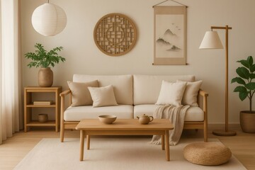 Japandi style living room with wooden sofa, coffee table, floor lamp, wall decor, and plants, creating a cozy and relaxing atmosphere