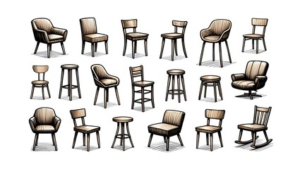 Hand-Drawn Chair Collection – Sketch Illustration of Chairs in Various Shapes and Sizes Arranged in a Whimsical Artistic Style