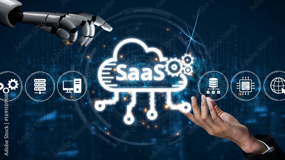 Poster visual representation of saas showing infrastructure, saas deployment, saas platform features, and s