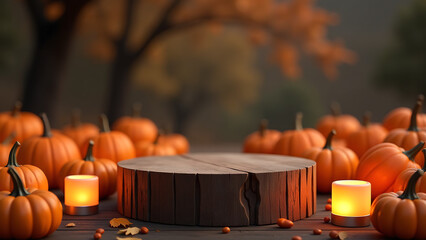 weathered wooden podium stands amidst sea vibrant orange pumpkins rustic surface reflected soft glow dozens lanterns