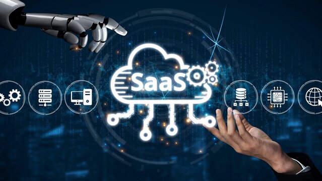 Visual representation of SaaS showing infrastructure, SaaS deployment, SaaS platform features, and SaaS integration model in digital environment. Muxer