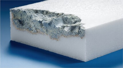 Crosssection of a white styrofoam block revealing its porous internal structure and textured surface