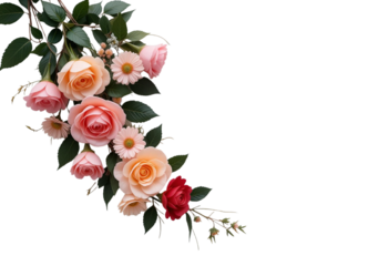 Elegant floral arrangement with roses and delicate blooms on a transparent backdrop. floral background with flowers. bouquet of flowers