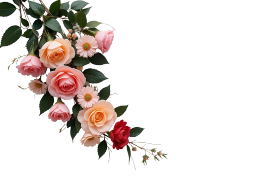 Elegant floral arrangement with roses and delicate blooms on a transparent backdrop. floral background with flowers. bouquet of flowers