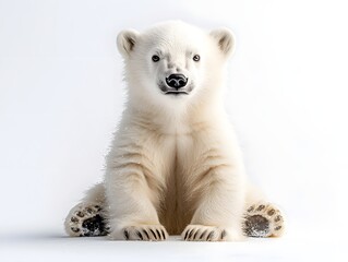 Fototapeta premium High key portrait of an adorable polar bear cub sitting in a bright white studio with ample copy space