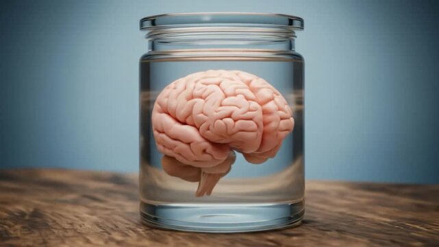 Anatomical brain model in liquid filled jar education or science