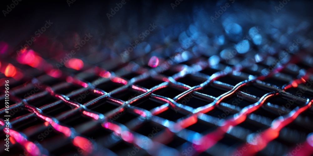 Poster abstract close-up of metallic grid structure illuminated with red and blue lights showcasing intrica