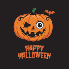 Happy Halloween Pumpkin Illustration with Bat and Typography