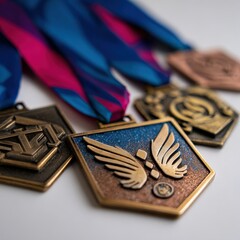 Closeup of several bronze and gold medals with colorful ribbons, symbolizing achievement and victory