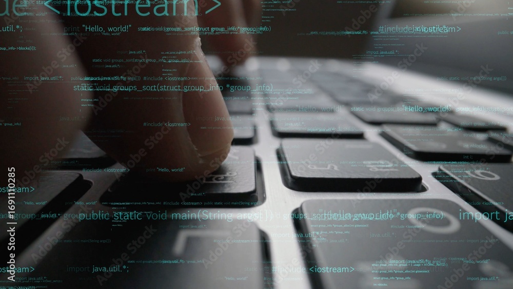 Poster this close-up image captures fingers typing on a laptop keyboard, with digital code overlay that rep