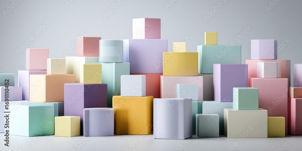 Poster abstract arrangement of various pastel-colored geometric boxes on a minimalist background for modern