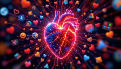 Vibrant Digital Heart with Floating Social Icons
