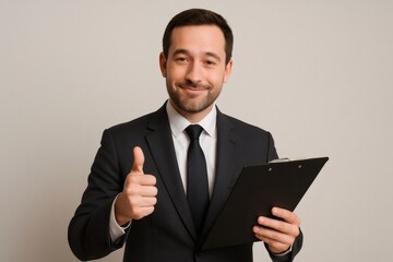 Portrait of a smiling businessman showing thumbs up gesture while holding a clipboard on a light background