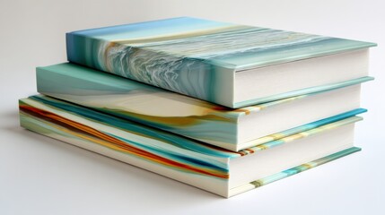 Three artfully bound books with abstract landscape covers stacked on a neutral surface