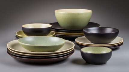Collection of handcrafted ceramic bowls and plates in various sizes and earthy tones