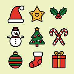 Naklejka premium Vector art of collection of nine colorful christmas icons including a santa hat, star, holly, snowman, tree, candy canes, ornament, stocking, and gift box on a light yellow background