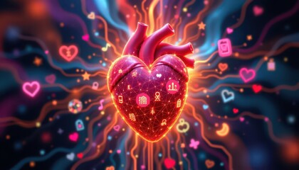 Digital Heart Network with Light Trails and Icons