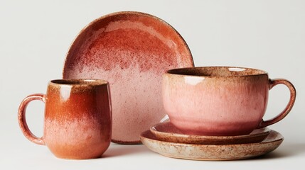 A set of ceramic mugs and plates with a gradient of pink and orange colors, isolated on white background