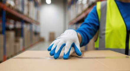 Warehouse worker handling box in storage facility with safety gear