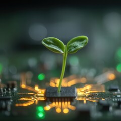 A vibrant green seedling sprouts from a central processor on a circuit board, highlighting the fusion of nature and technology