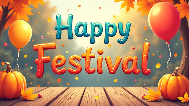 whimsical cartoon template features colorful animated text effect confetti balloons vibrant autumnal festival