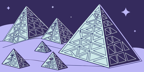 Fototapeta premium Stylized pyramids with triangular patterns under a starry night sky in a simple flat design style
